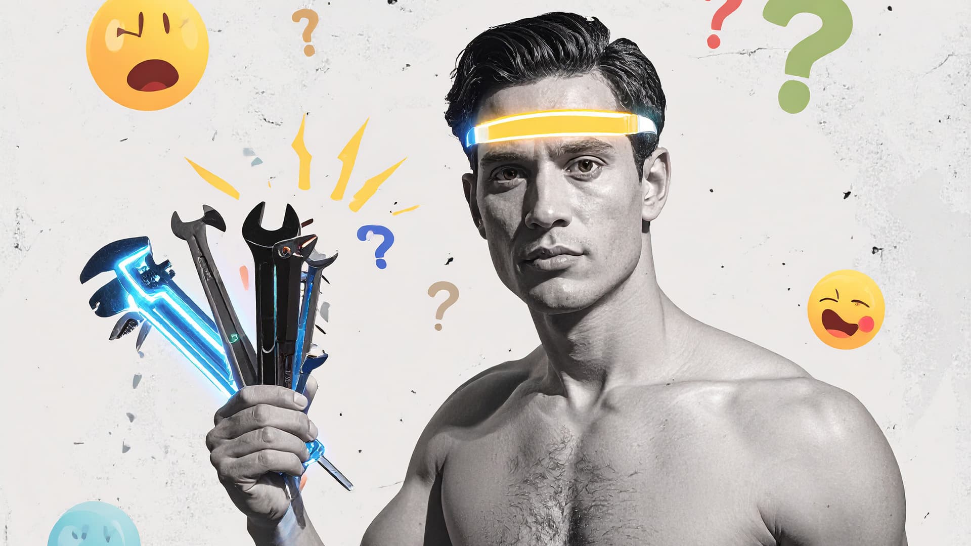 Homem com faixa futurista na testa segura ferramentas, rodeado por pontos de interrogação e emojis.