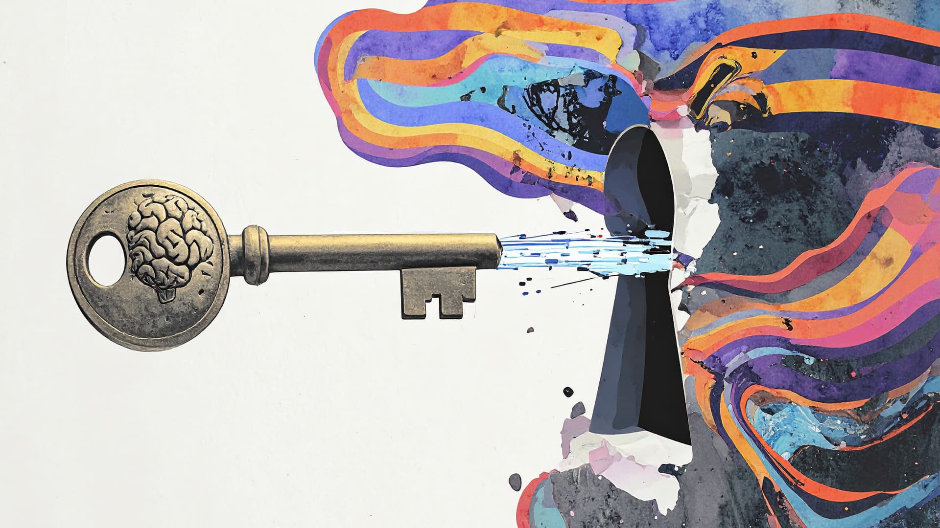 Uma chave dourada com um cérebro gravado destrancando uma fechadura colorida e abstrata.