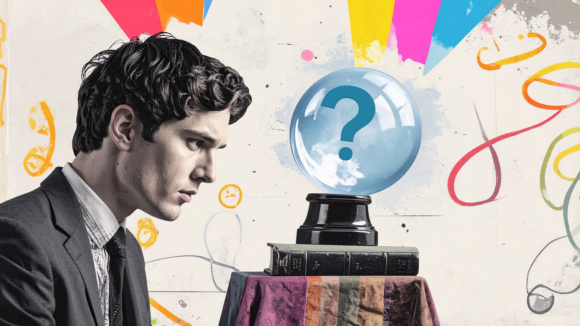 Homem de terno olha para bola de cristal com ponto de interrogação azul grande, sobre livros e mesa colorida.