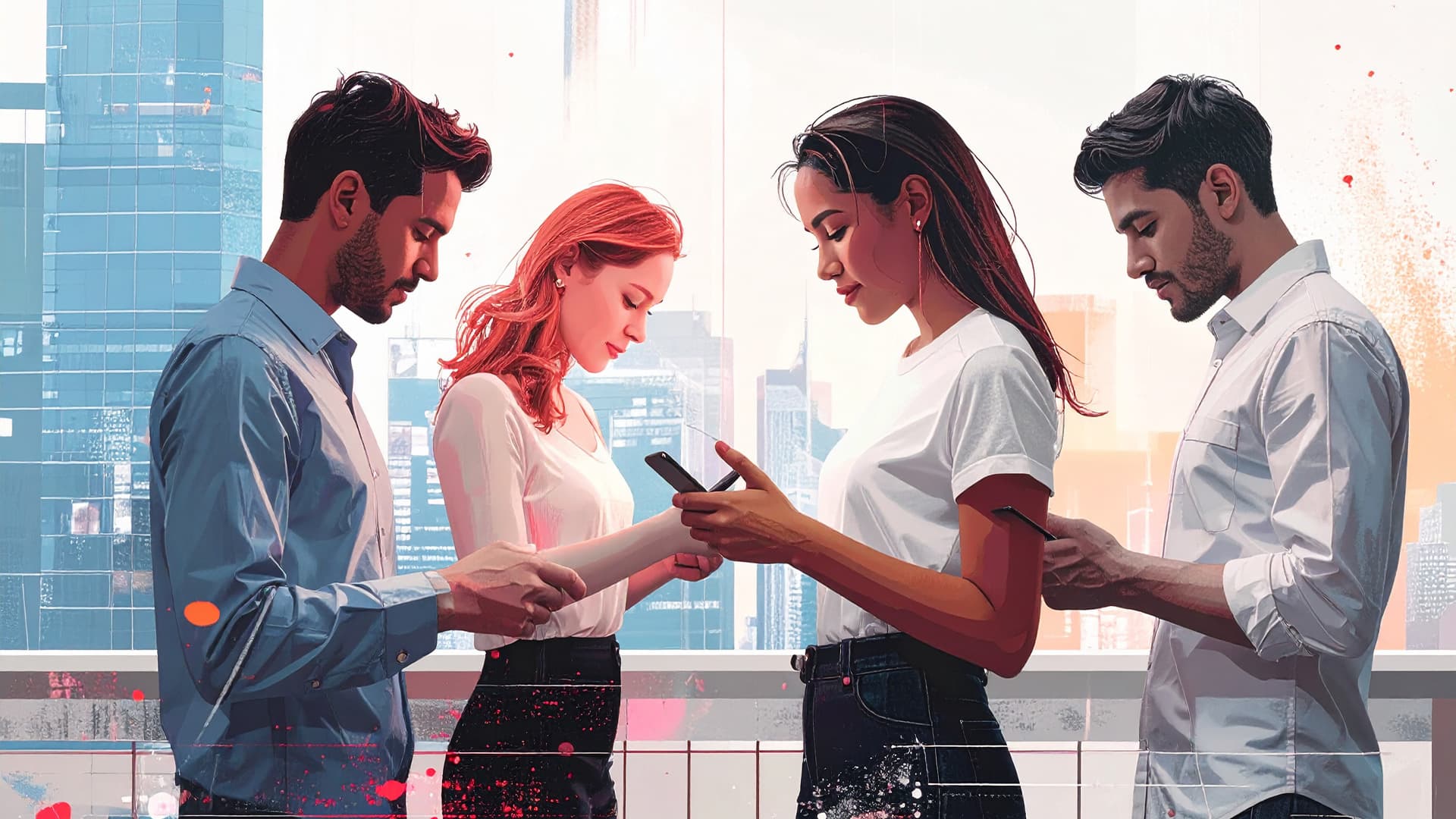 Quatro pessoas, dois homens e duas mulheres, usando smartphones com um fundo de cidade e arranha-céus.