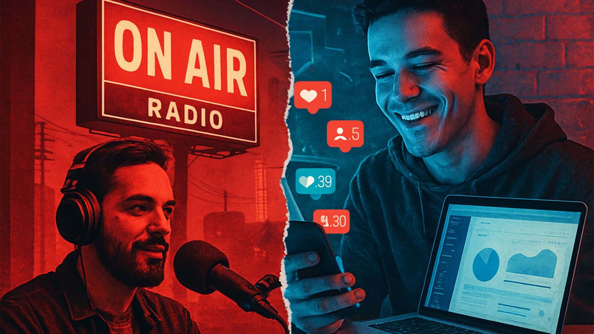 Imagem dividida: locutor de rádio vs. criador de conteúdo digital com métricas sociais.