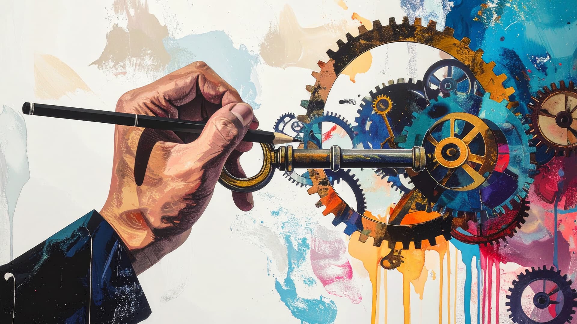Mão segurando lápis apontando para uma chave antiga com engrenagens coloridas e respingos de tinta ao fundo.