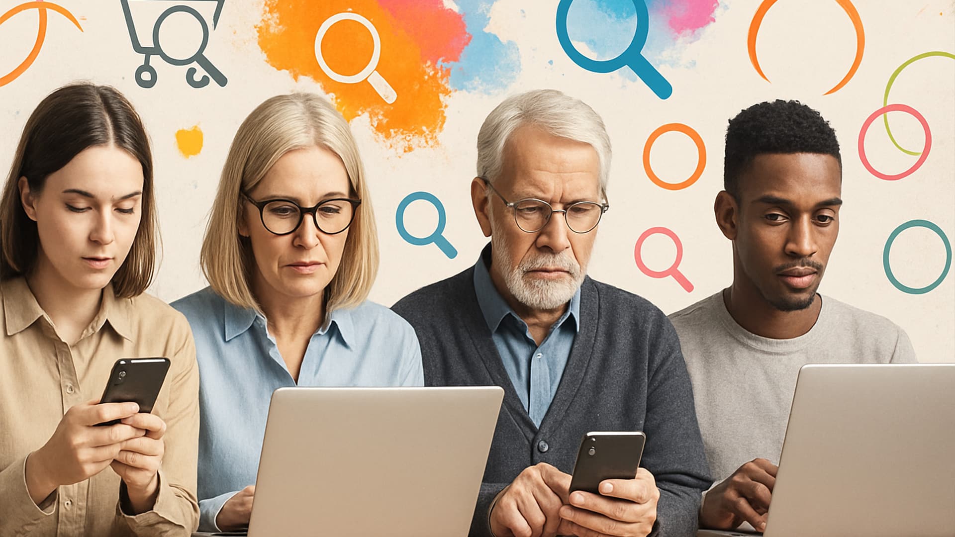 Quatro pessoas de diferentes idades usando laptops e smartphones, com ícones de busca e compras.