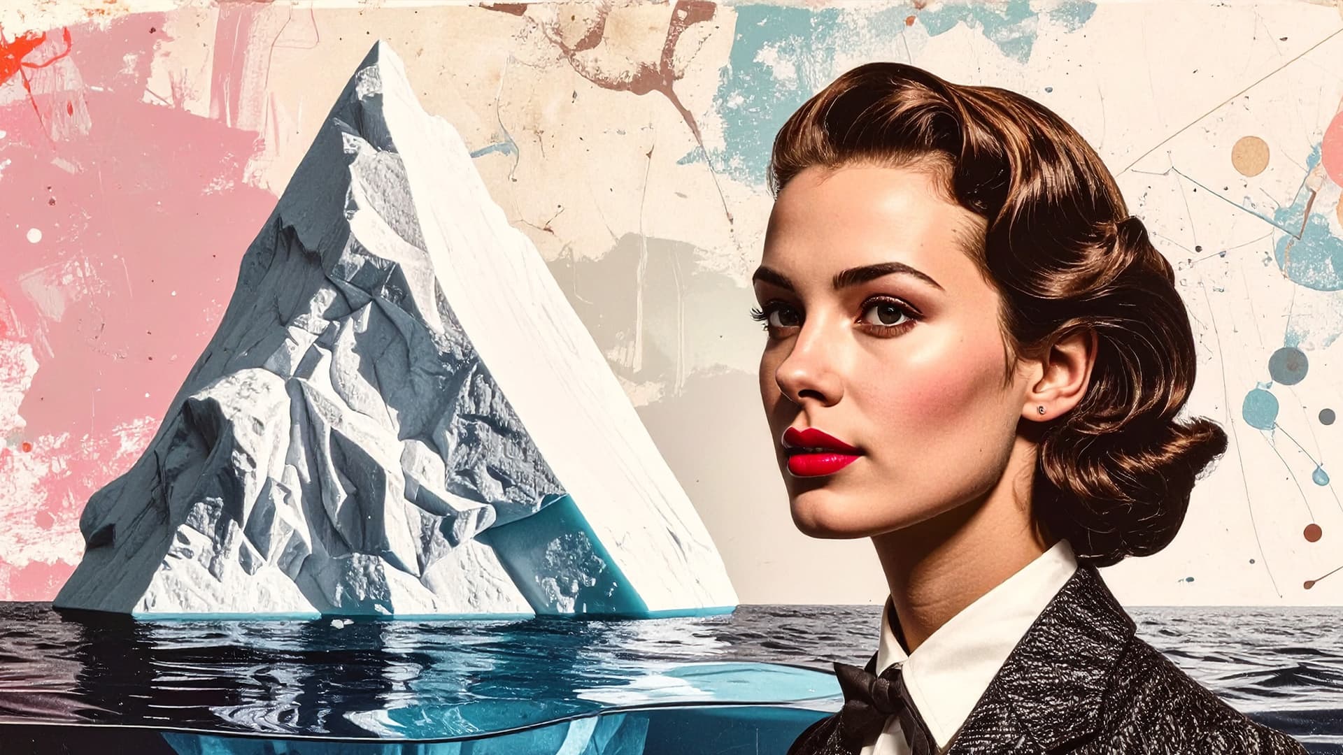 Retrato de mulher elegante ao lado de um iceberg, com fundo abstrato e cores vibrantes.