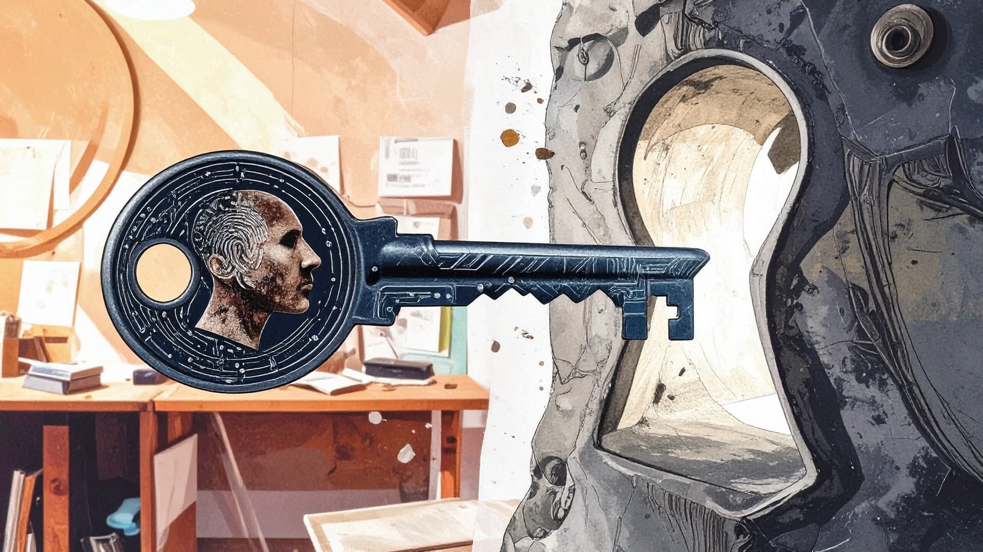 Uma chave grande com um perfil humano e circuitos em sua cabeça se aproximando de um buraco de fechadura.